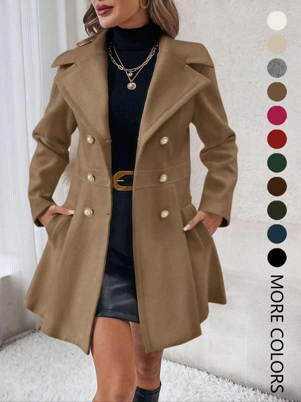 Women's Solid Color Double Button Lapel Blazer Coat, Fashion Coat, Elegant Fashion Long Sleeve Pocket Design Coat for Daily Outdoor Wear, Trendy Coat for Women, Women Outerwear Clothing for Fall & Winter